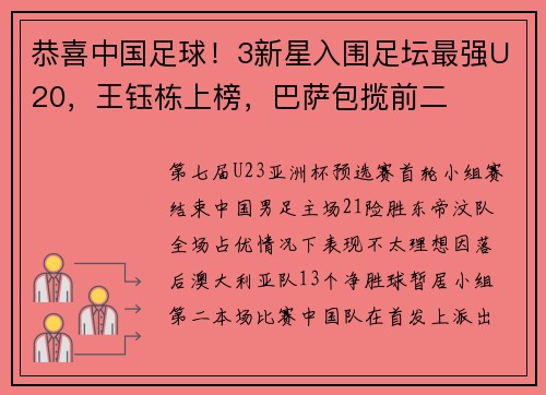 恭喜中国足球！3新星入围足坛最强U20，王钰栋上榜，巴萨包揽前二